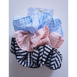 3-Pack Jumbo Striped Scrunchies – Blue, Pink & Black | Oversized Hair Scrunchies